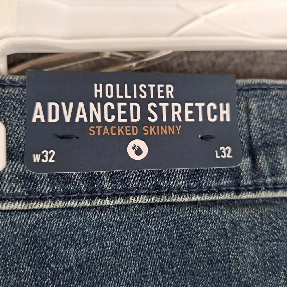 New Men's Hollister 30x35* Advanced Stretch Stacked Skinny Denim Blue Jeans